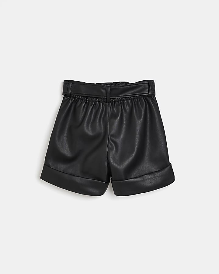 Girls Black faux leather belted Shorts