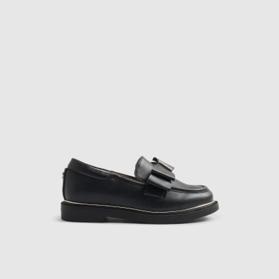Girls Black Faux Leather Bow Loafer Shoes