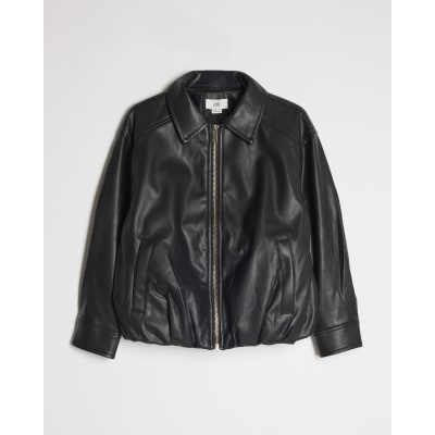 Girls Black Faux Leather Bubble Bomber Jacket