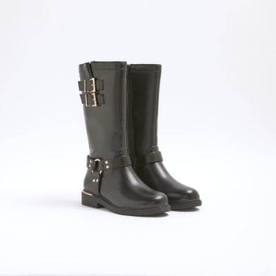 Girls black faux leather buckle biker boots River Island
