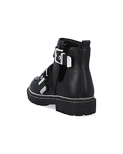 360 degree animation of product Girls black faux leather buckle boots frame-7
