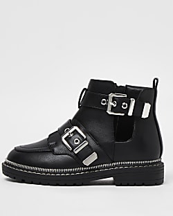Girls black faux leather buckle boots