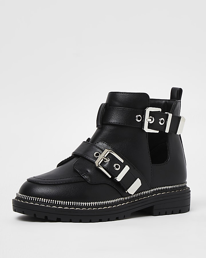 Girls black faux leather buckle boots