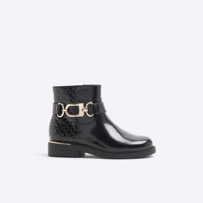 Girls Black Faux Leather Buckle Riding Boots River Island