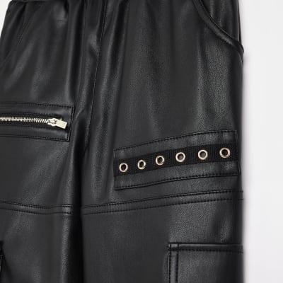 Girls Black faux leather Cargo Trousers | River Island
