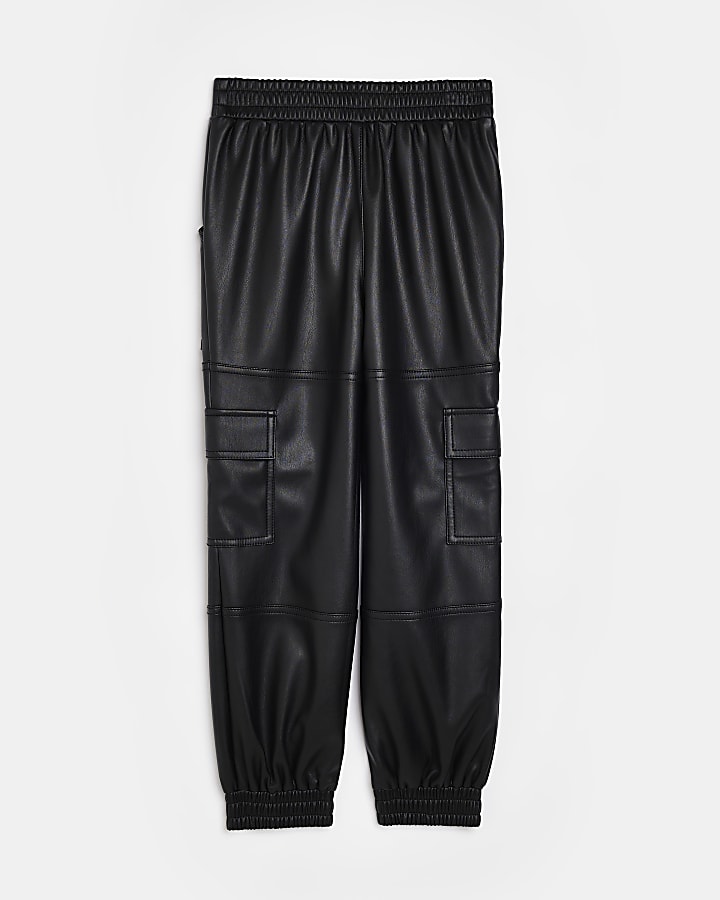 Girls Black faux leather Cargo Trousers