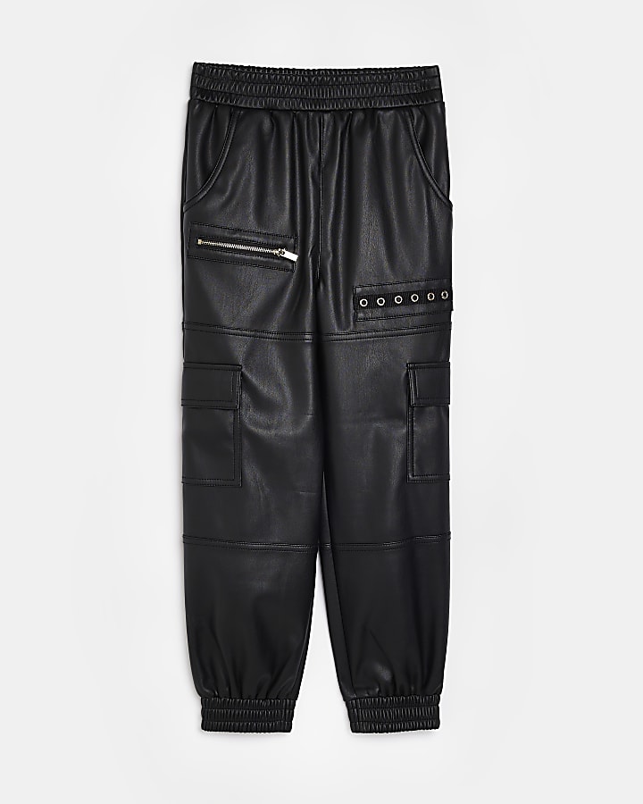 Girls Black faux leather Cargo Trousers