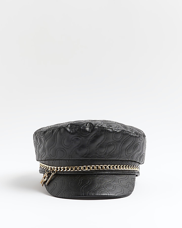 Girls Black faux leather Chain Baker Boy Hat