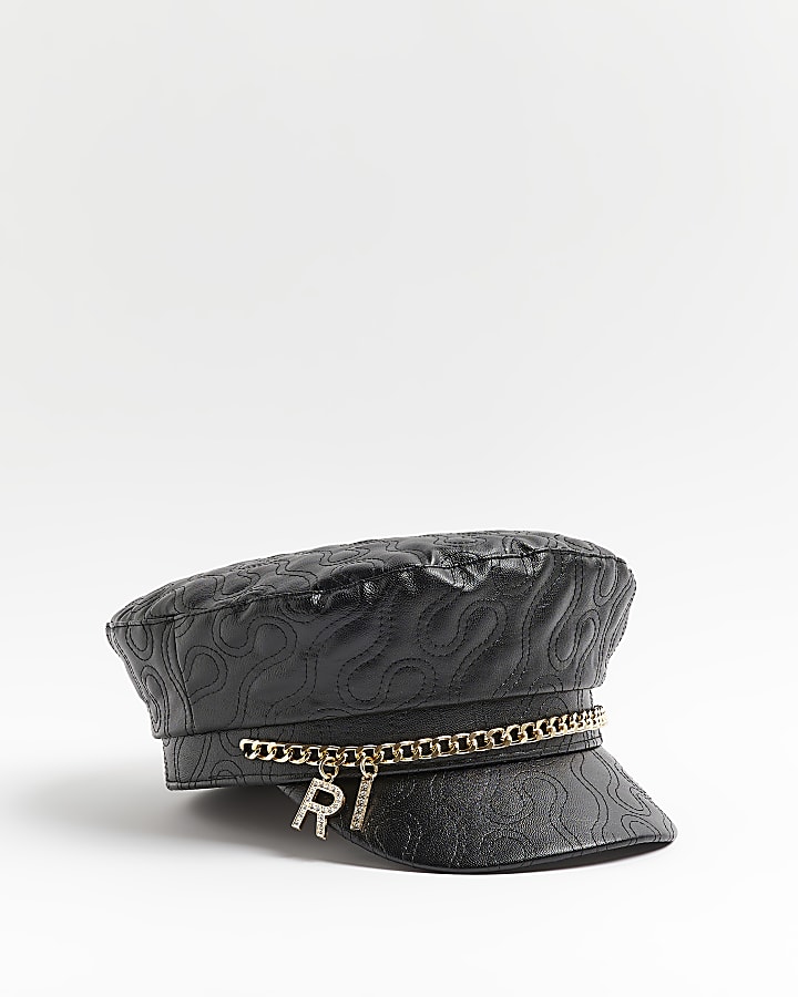 Girls Black faux leather Chain Baker Boy Hat
