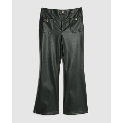 Girls Black Faux Leather Flared Trousers