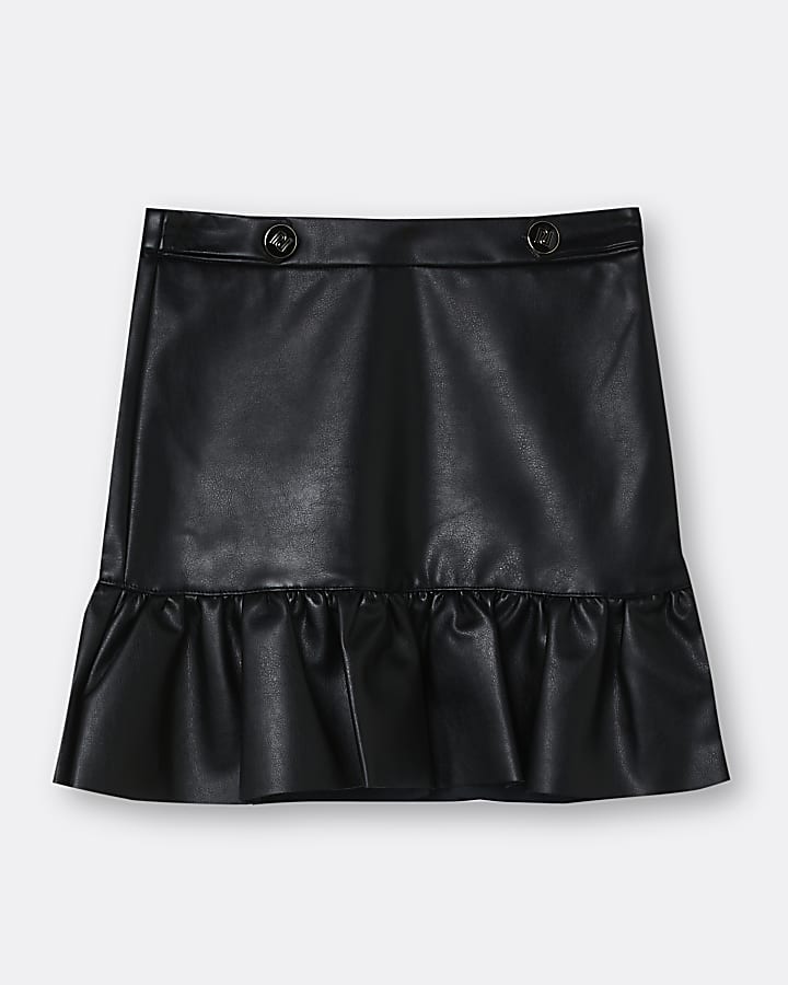 Girls black faux leather frill skirt