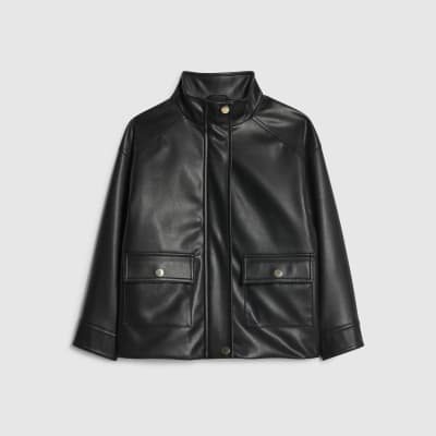 Girls Black Faux Leather Funnel Bomber Jacket