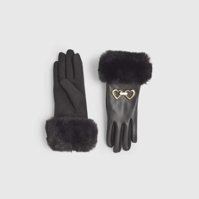 Girls Black Faux Leather Gloves