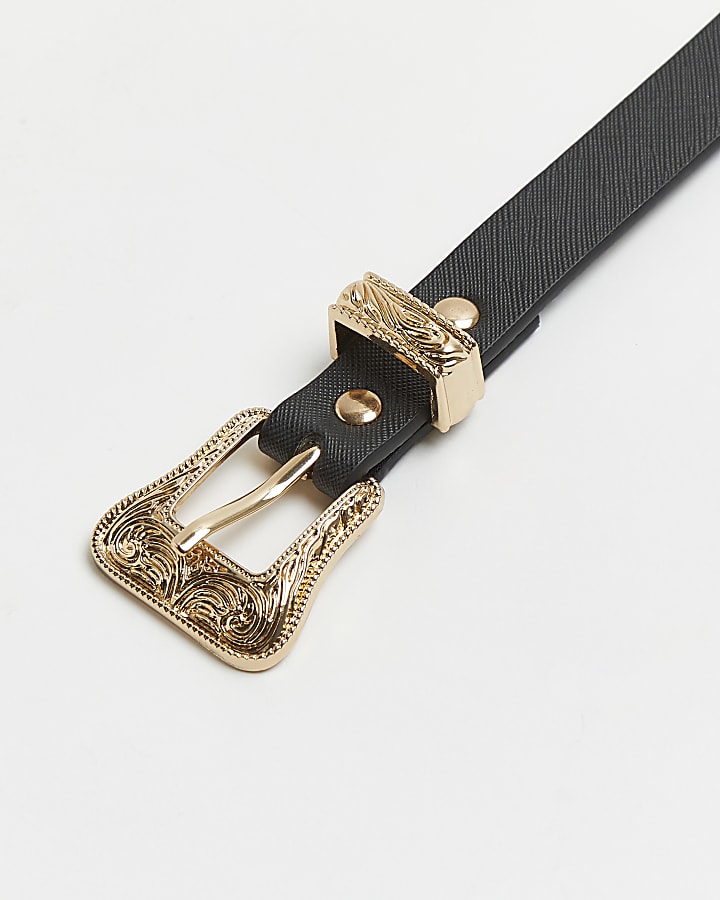 Girls black faux leather gold buckle belt