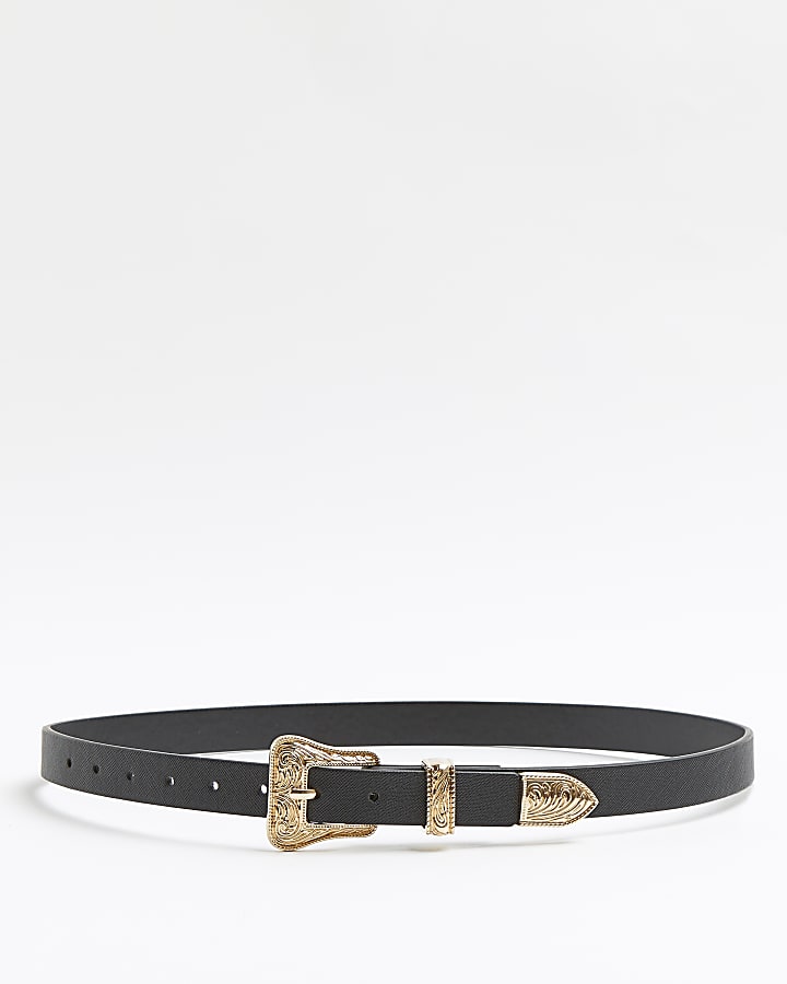 Girls black faux leather gold buckle belt