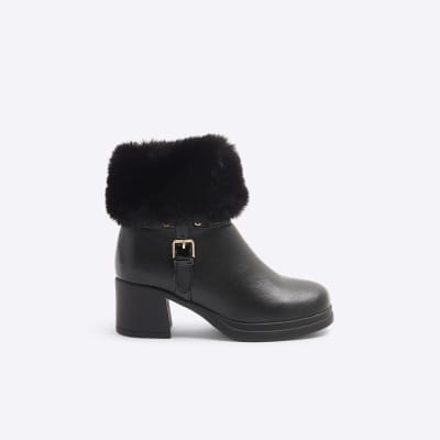 Girls Black Faux leather Heeled Boots River Island