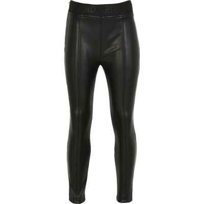 Girls black faux leather legging | River Island