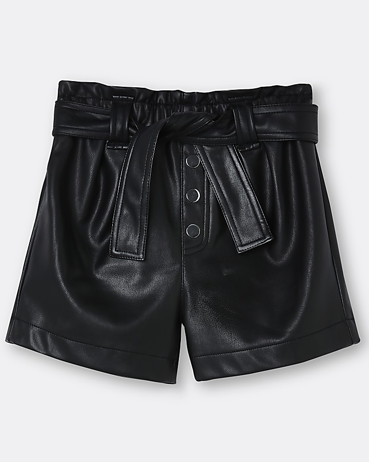 Girls black faux leather paperbag shorts