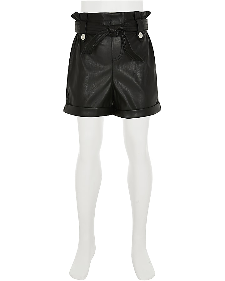 Girls black faux leather paperbag shorts