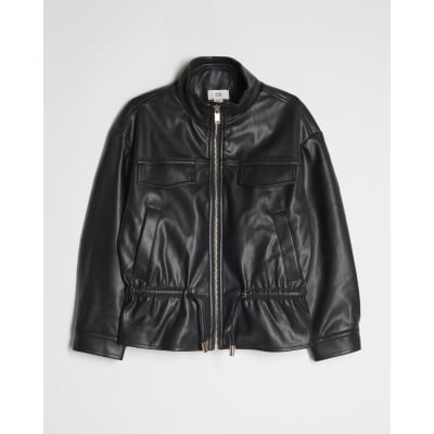 Girls Black Faux Leather Peplum Bomber Jacket