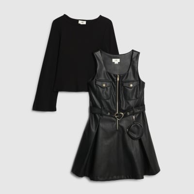 Girls Black Faux Leather Pinafore Dress Set