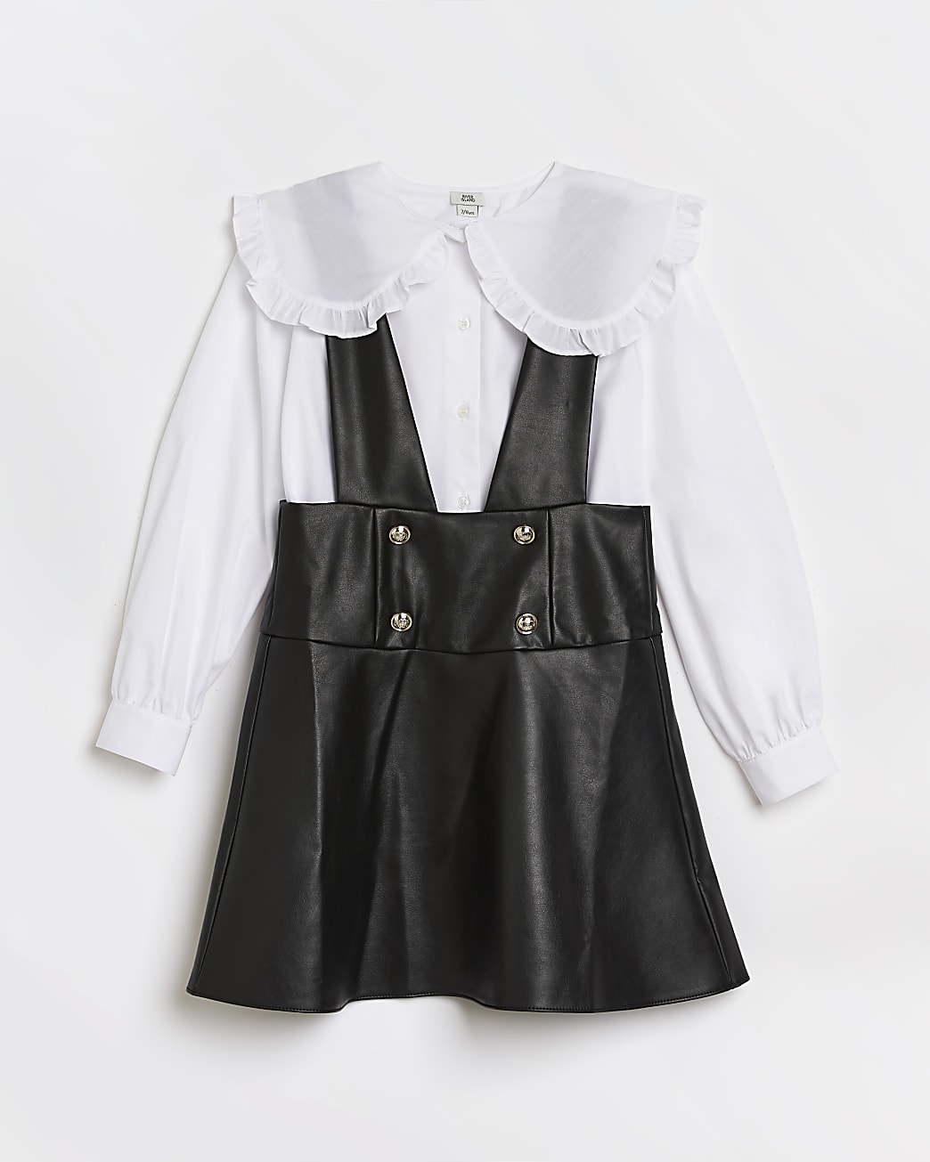 Girls black faux leather pinafore dress set