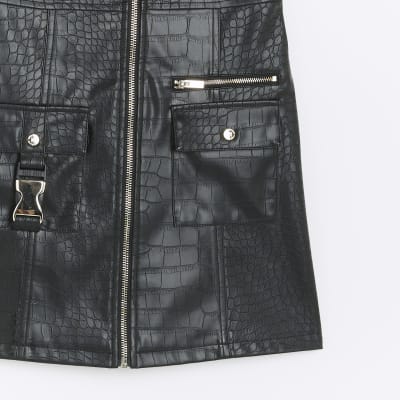 Girls black faux leather pinafore dress River Island