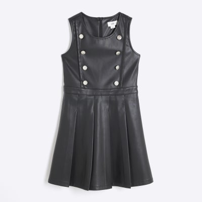 Girls Black Faux Leather Pleated Skirt Dress River Island
