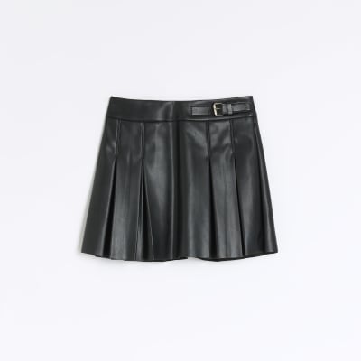 Girls black faux leather pleated skirt