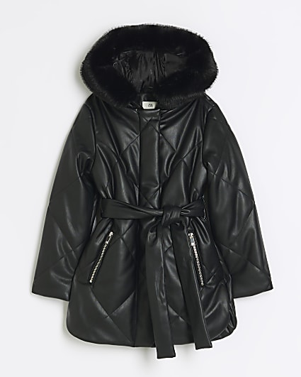 Girls Black faux leather quilted hooded coat