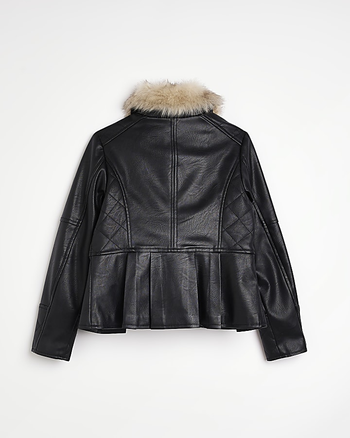 Girls Black faux leather quilted jacket