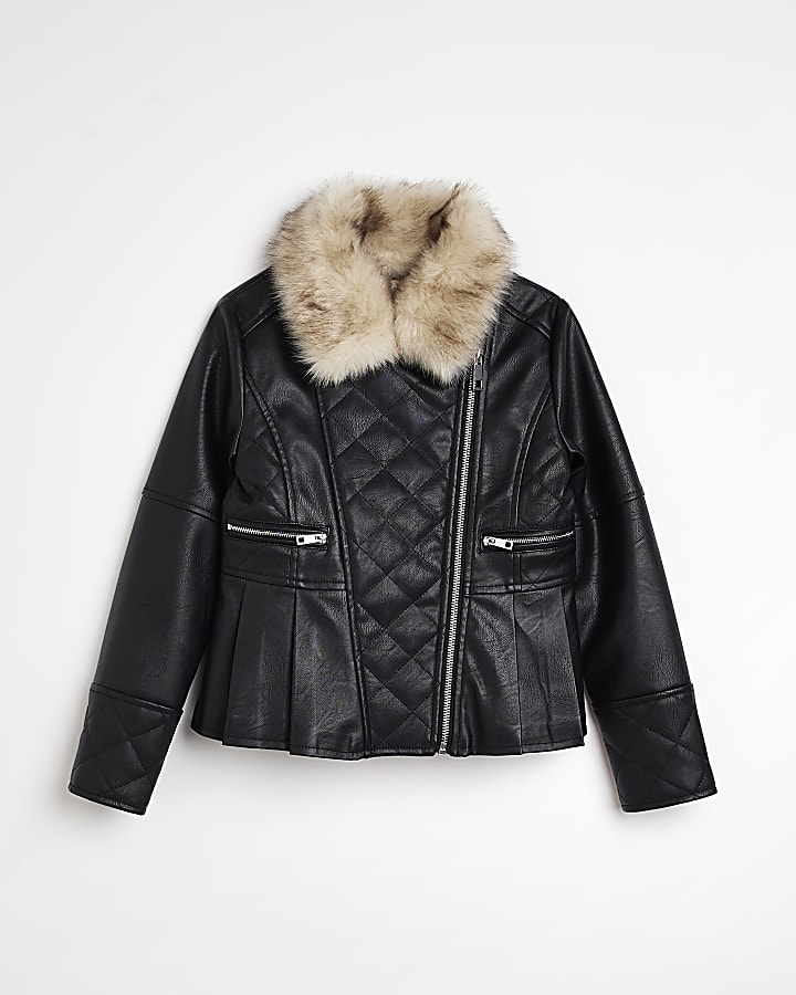 Girls Black faux leather quilted jacket