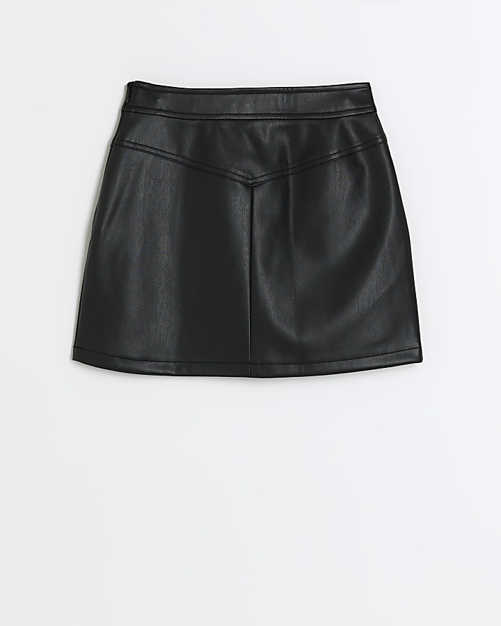 Girls black faux leather seam skirt | River Island