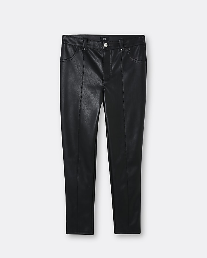 Girls black faux leather skinny trousers