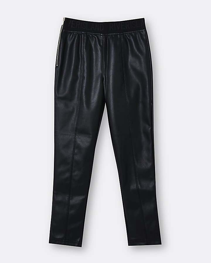 Girls black faux leather skinny trousers