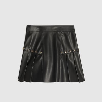 Girls Black Faux Leather Stud Pleated Skirt