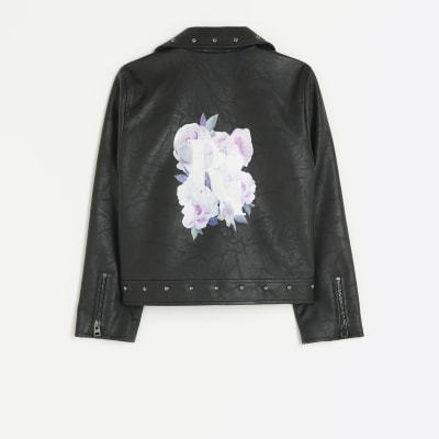 Girls black faux leather studded biker jacket River Island