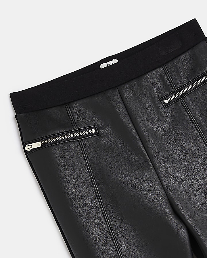Girls Black faux leather Utility leggings