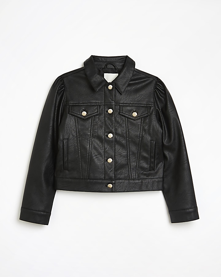 Girls black faux leather western jacket