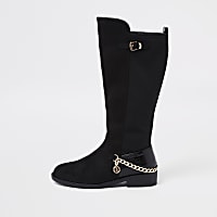 Girls black faux suede chain knee high boots