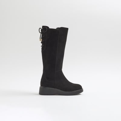 Girls Black faux suede Wedge knee high boots