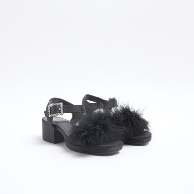 Girls Black Feather Strap Heeled Sandals River Island