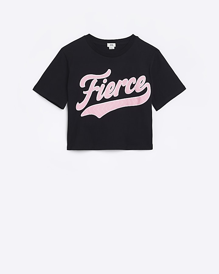 Girls Black Fierce Graphic Crop T-shirt