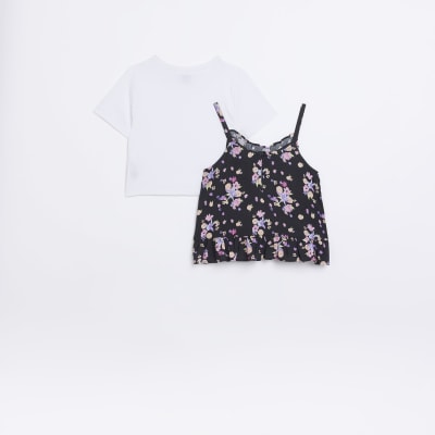 Girls black floral 2 in 1 cami and t-shirt