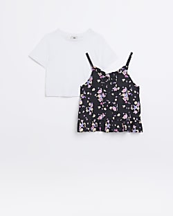 Girls black floral 2 in 1 cami and t-shirt