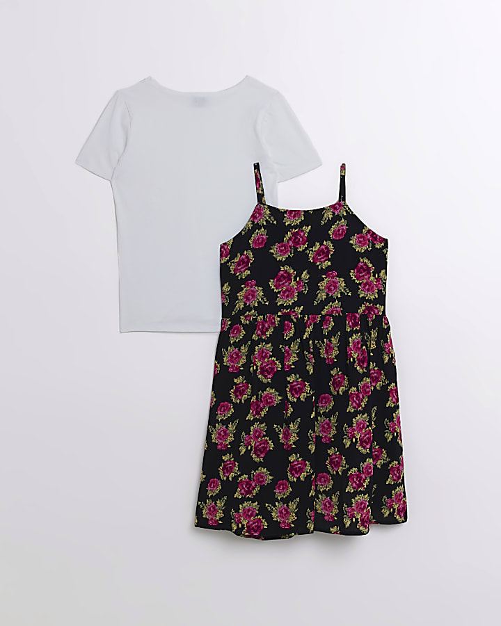 Girls Black floral 2 in 1 Cami Dress set