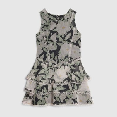 Girls Black Floral Chiffon Lace Layered Dress