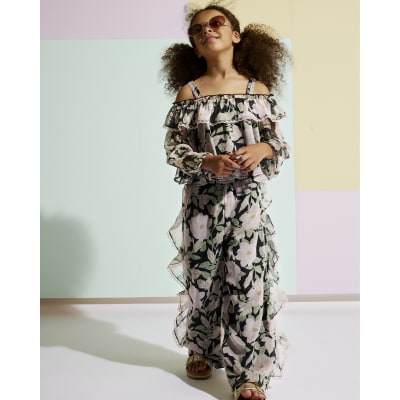Girls Black Floral Chiffon Trousers