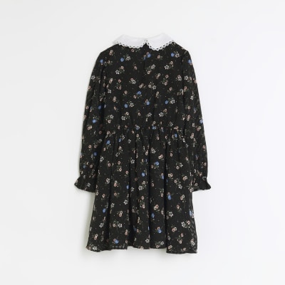 Girls black floral collared shirt dress River Island