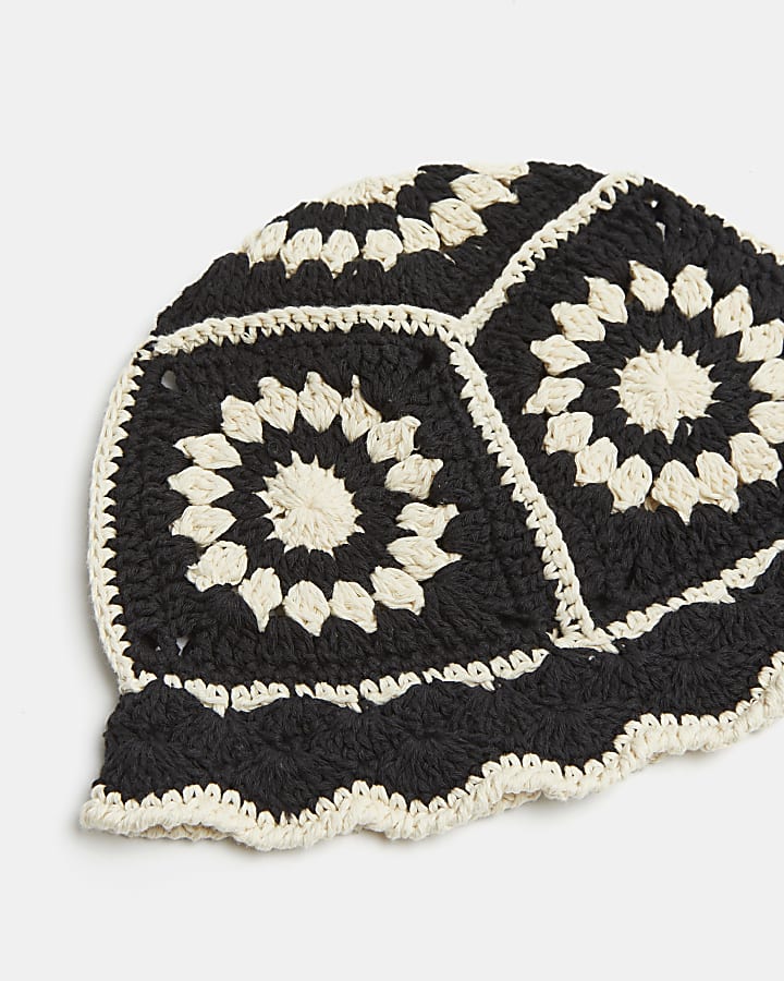 Girls black floral crochet bucket hat